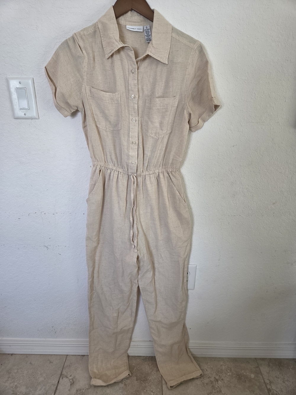 Sincerely Jules Cream Button-Front Short-Sleeve Drawstring Jumpsuit